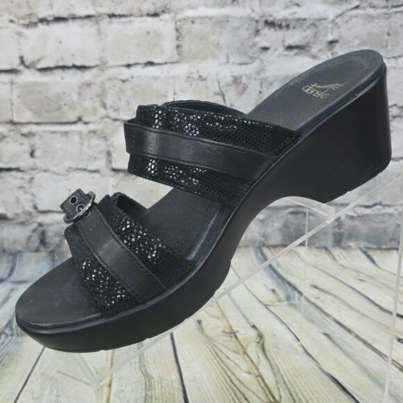 Dansko Jessie Sandals Women’s 41 Black Lizard Leather Wedge Double Strap Slip-On - Picture 3 of 9